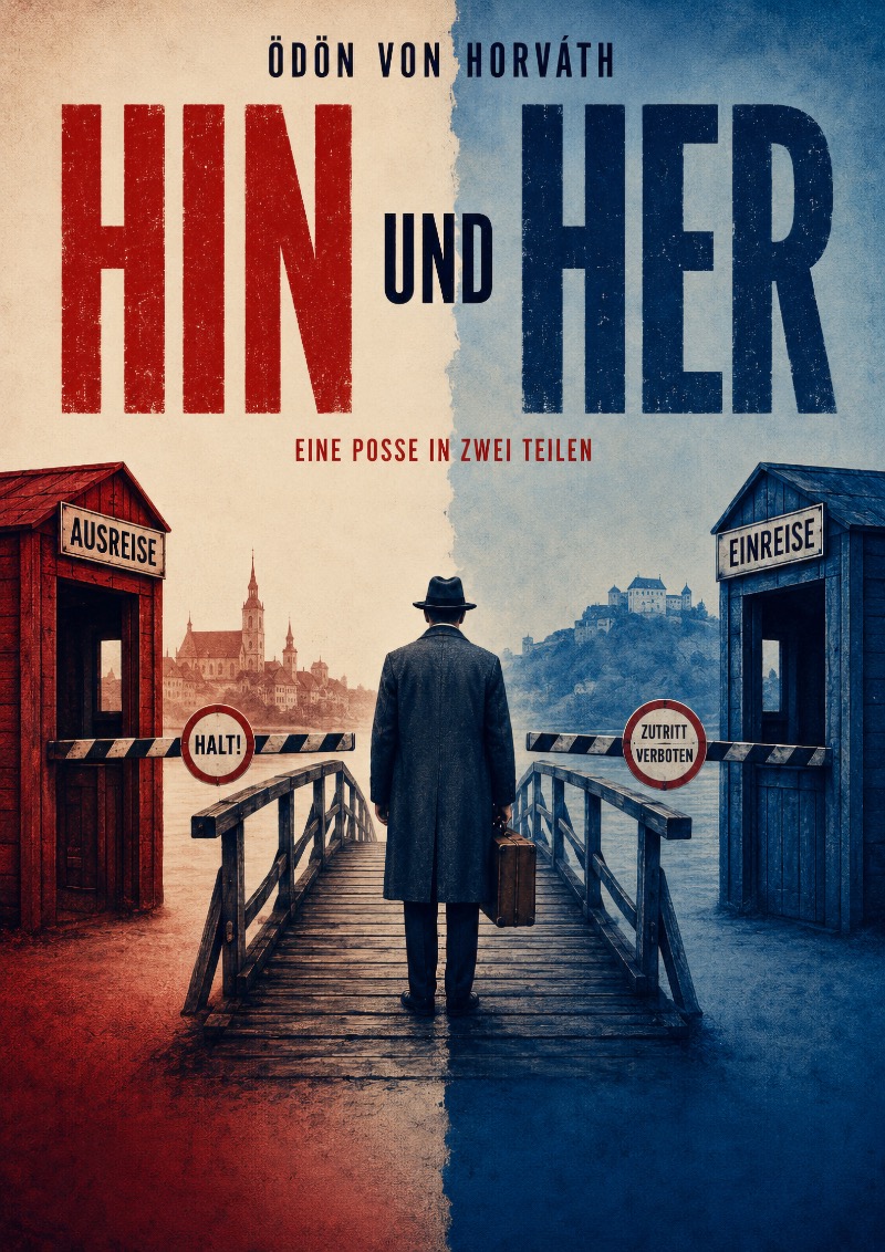 Hin und Her – Plakat: Ein Mann mit Hut und Koffer steht von hinten auf einer Holzbrücke zwischen zwei Grenzhäuschen mit den Aufschriften „Ausreise“ und „Einreise“